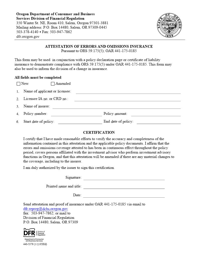 Attestation Of Errors And Omissions Insurance {440-5379} | Pdf Fpdf Docx | Oregon
