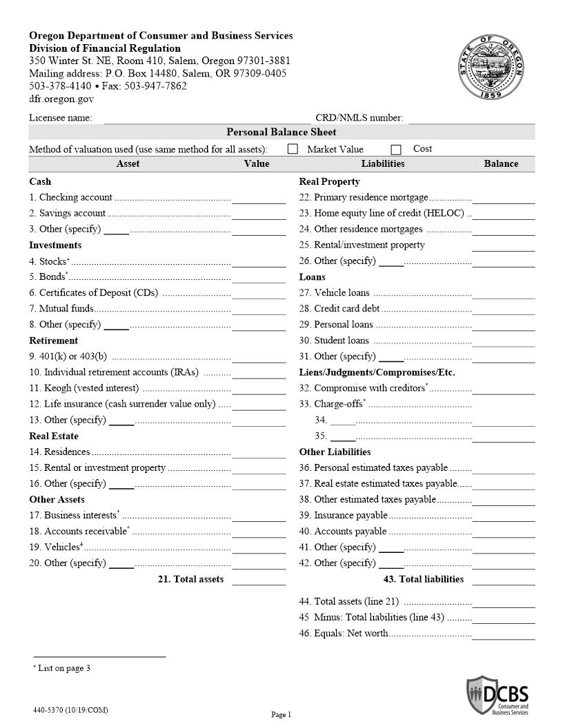 Balance Sheet {440-5370} | Pdf Fpdf Docx | Oregon