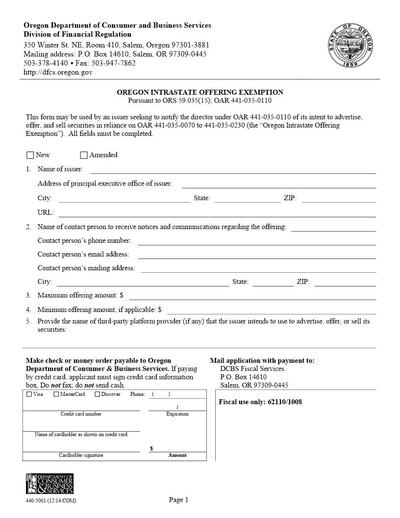 Intrastate Offering Exemption {440-5001} | Pdf Fpdf Docx | Oregon