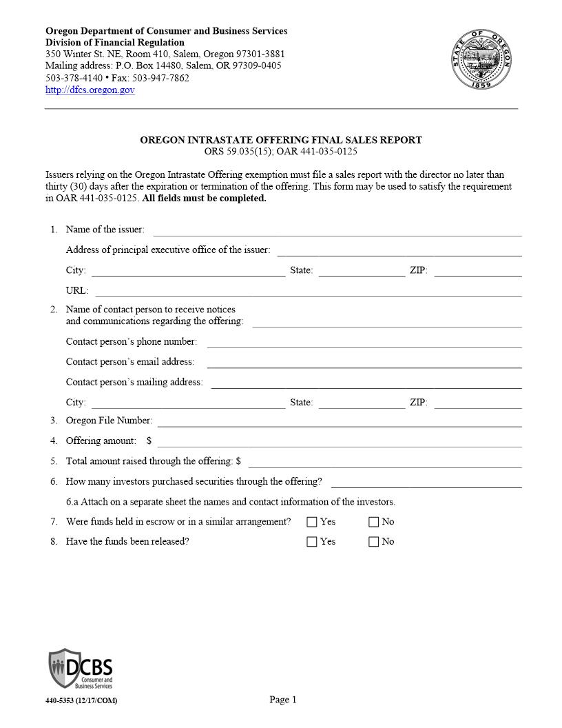 Intrastate Offering Final Sales Report {440-5353} | Pdf Fpdf Docx | Oregon