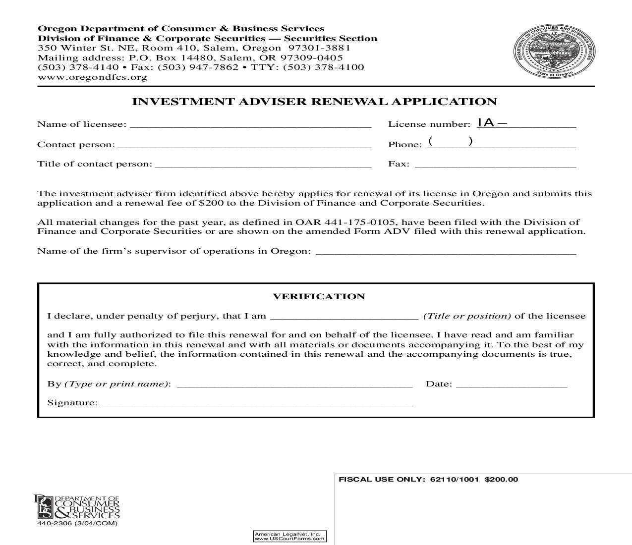 Investment Adviser Renewal Application {2306} | Pdf Fpdf Doc Docx | Oregon