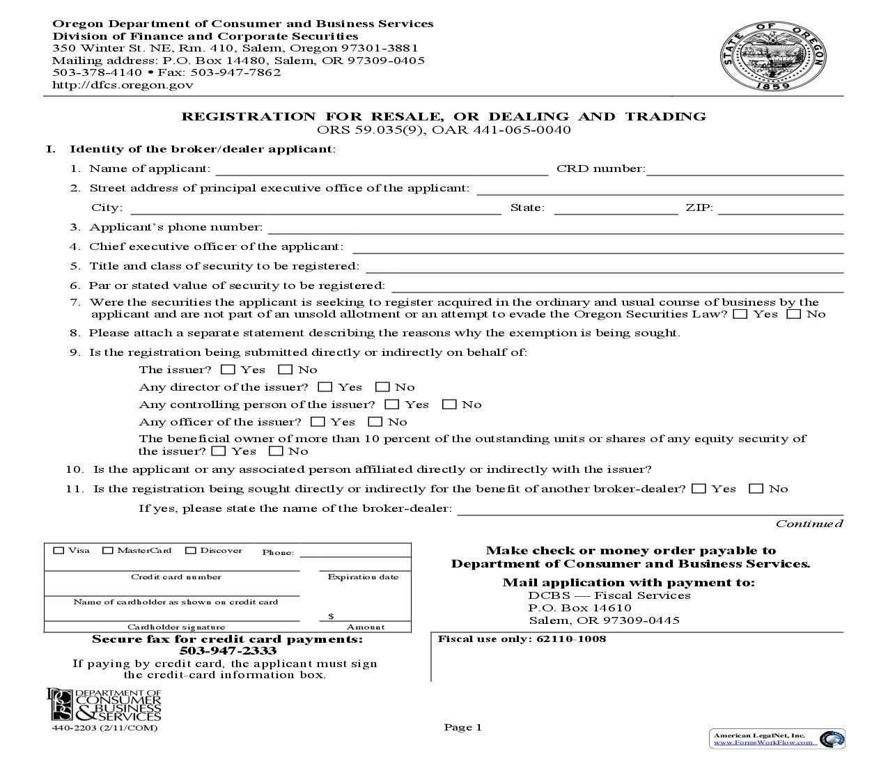 Registration For Resale Or Dealing And Trading {440-2203} | Pdf Fpdf Doc Docx | Oregon