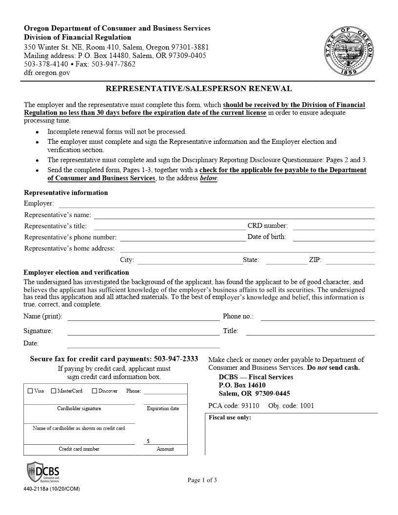 Representative Or Salesperson Renewal {440-2118a} | Pdf Fpdf Doc Docx | Oregon