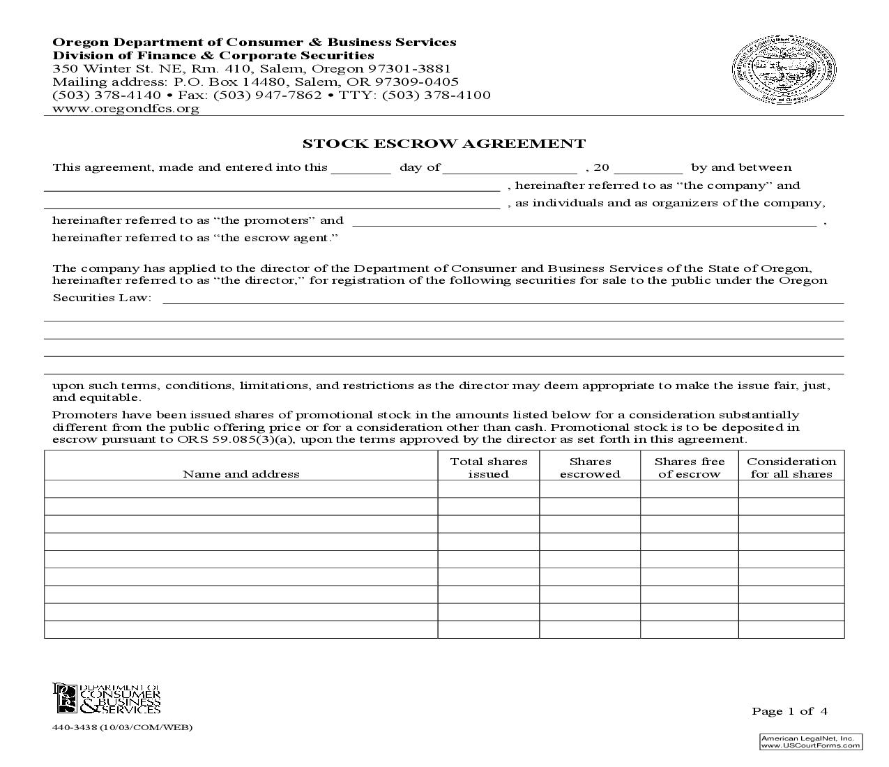 Stock Escrow Agreement {440-3438} | Pdf Fpdf Doc Docx | Oregon