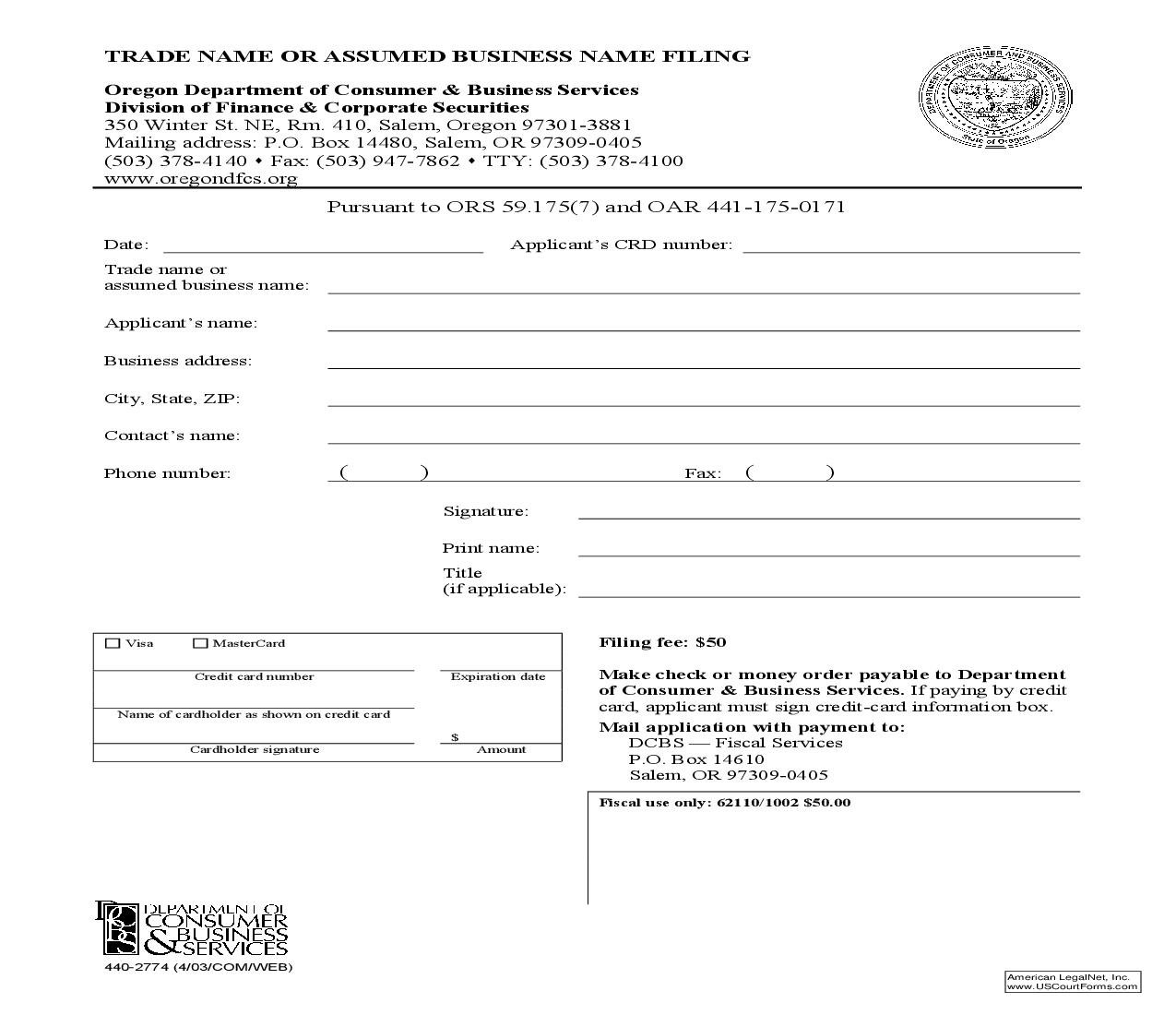 Trade Name Or Assumed Business Name Filing {440-2774} | Pdf Fpdf Doc Docx | Oregon
