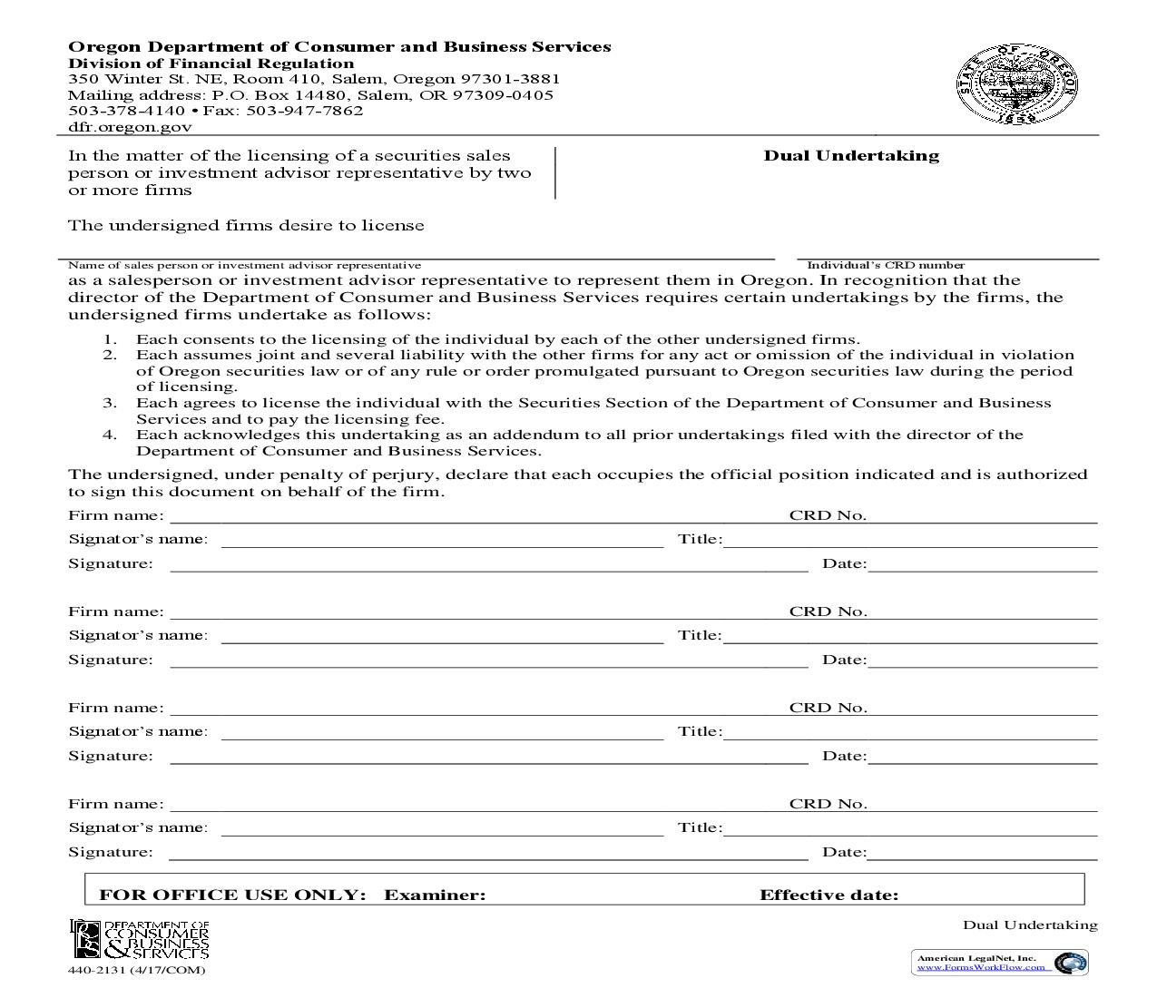 Undertaking Agreement {440-2131} | Pdf Fpdf Doc Docx | Oregon