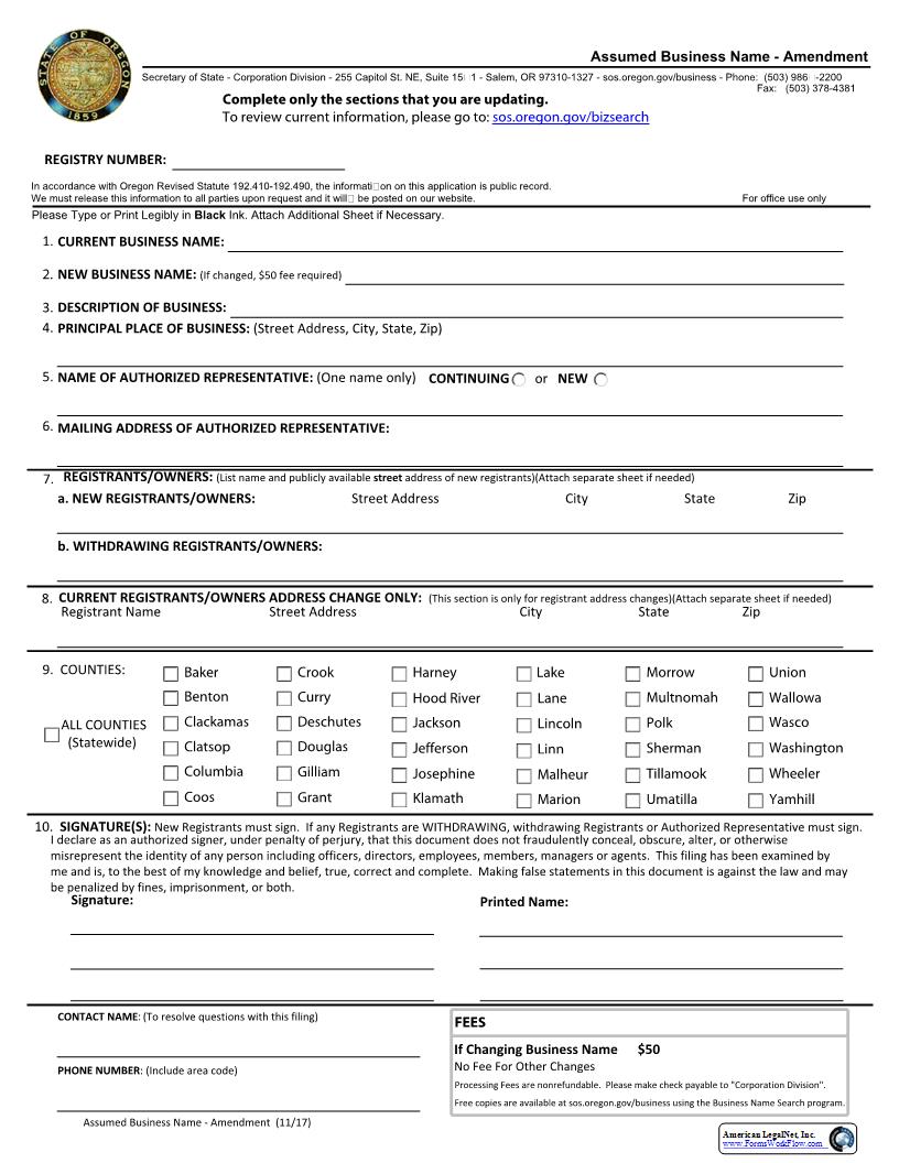 Assumed Business Name - Amendment {02} | Pdf Fpdf Docx | Oregon