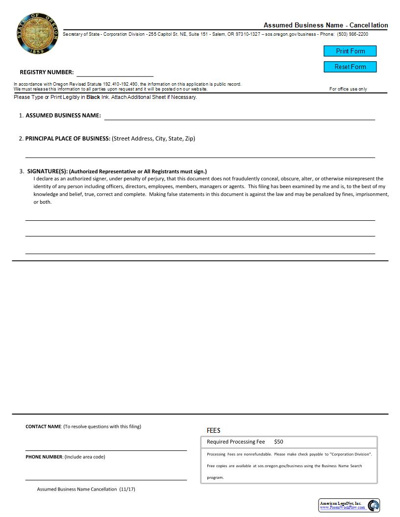 Assumed Business Name - Cancellation {03} | Pdf Fpdf Docx | Oregon