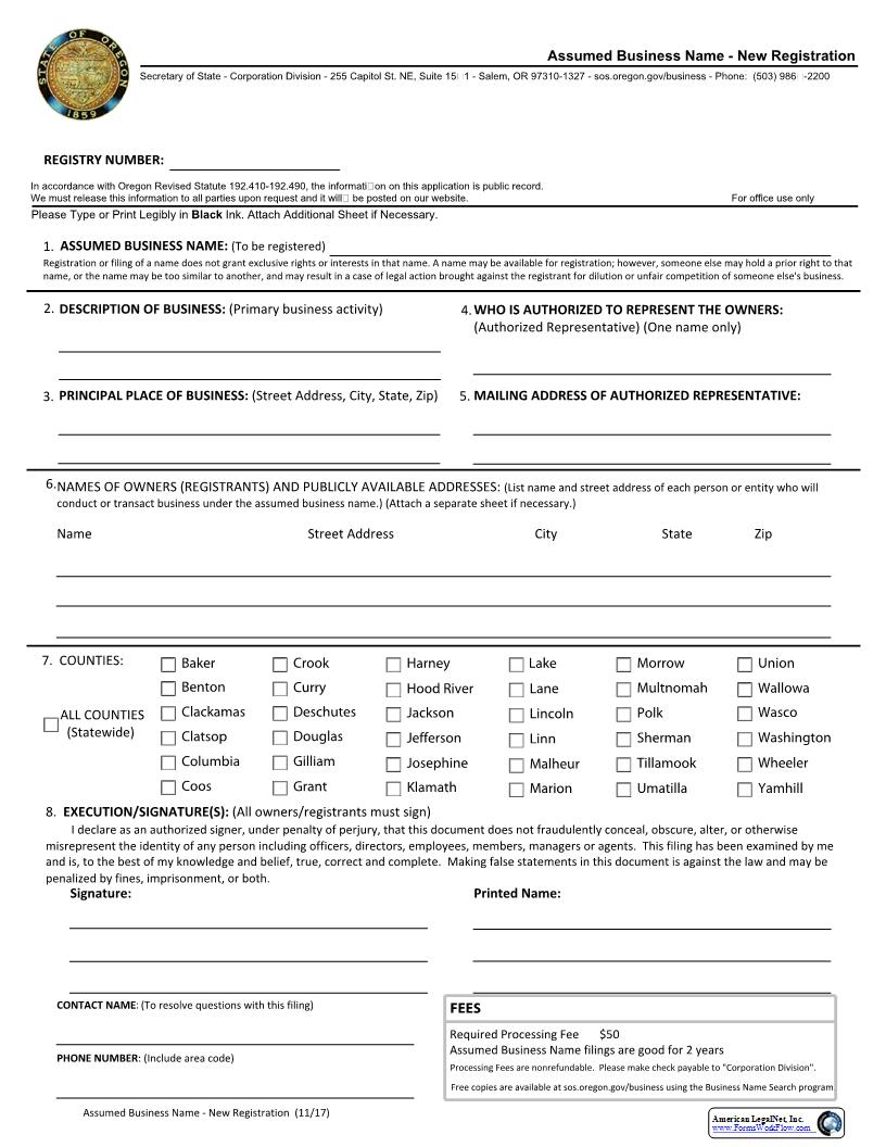 Assumed Business Name - New Registration {01} | Pdf Fpdf Docx | Oregon