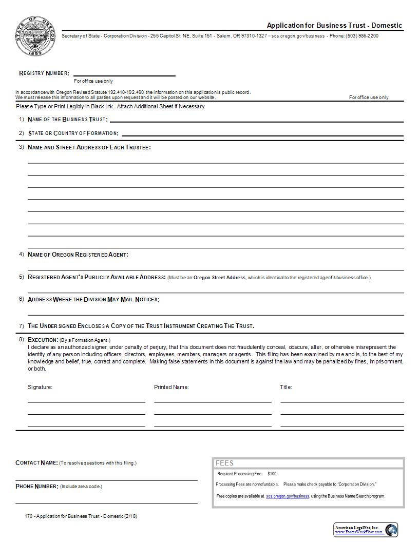 Application For Business Trust (Domestic) {170} | Pdf Fpdf Docx | Oregon