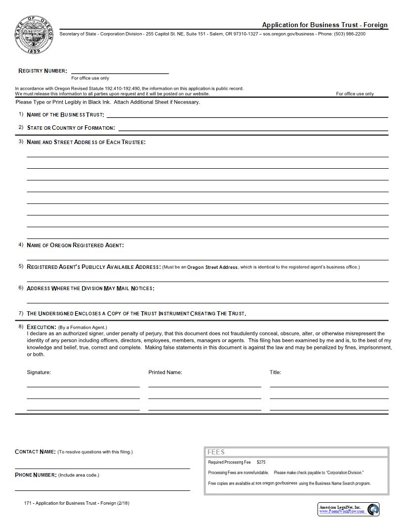 Application For Business Trust (Foreign) {171} | Pdf Fpdf Docx | Oregon