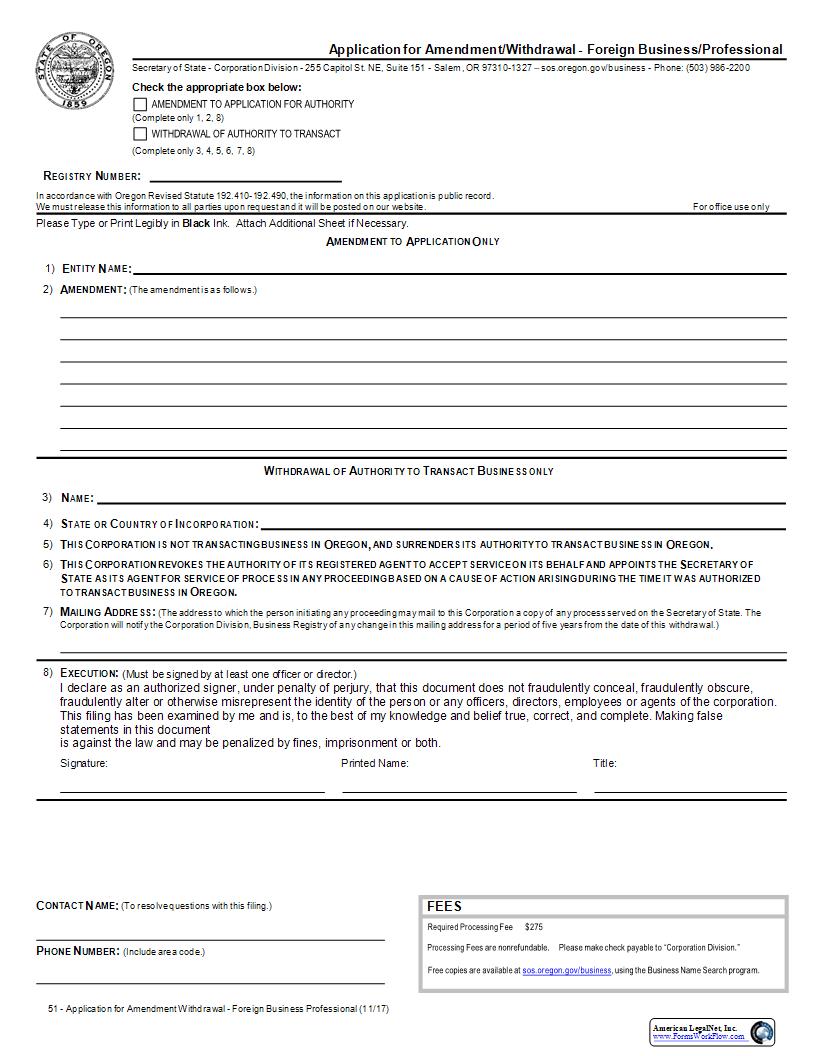 Application For Amendment Or Withdrawal (Foreign Business Professional) {51} | Pdf Fpdf Docx | Oregon