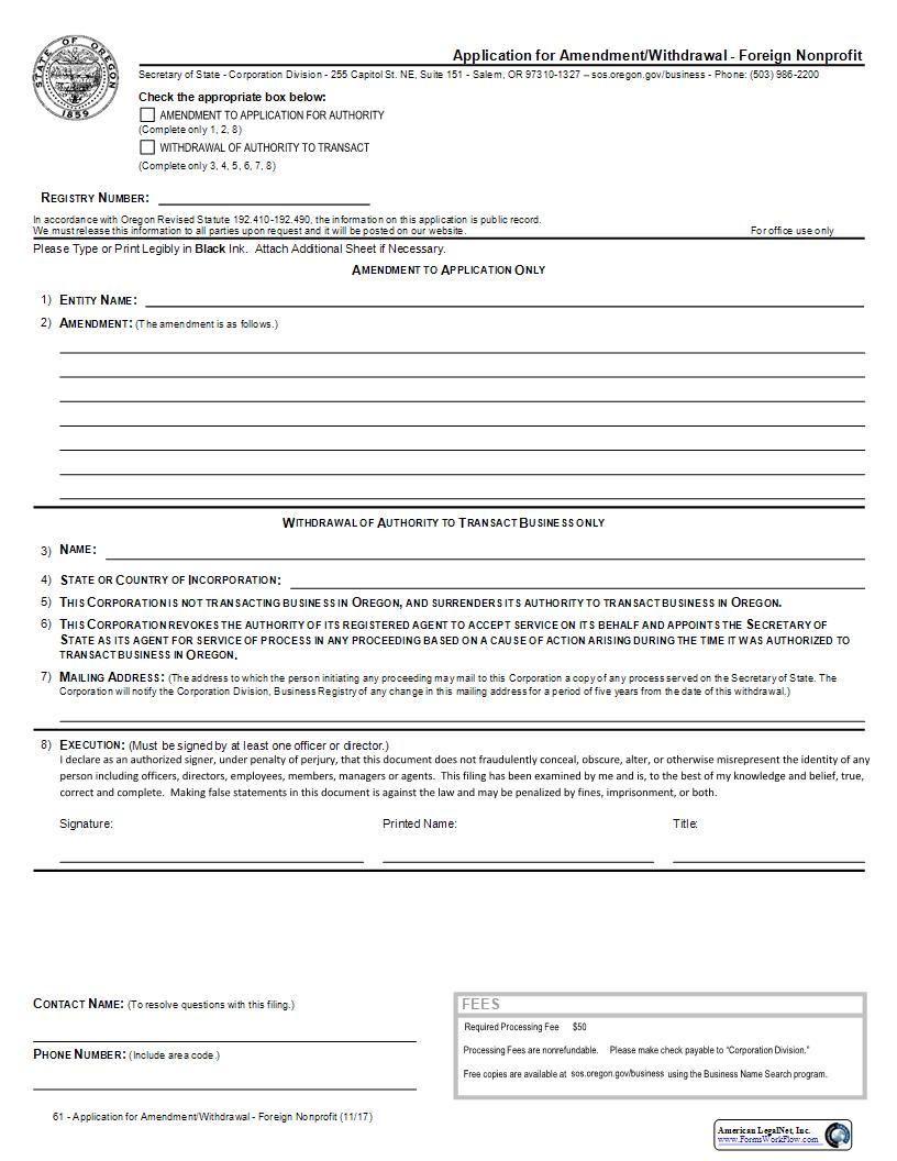 Application For Amendment Or Withdrawal (Foreign Nonprofit) {61} | Pdf Fpdf Docx | Oregon