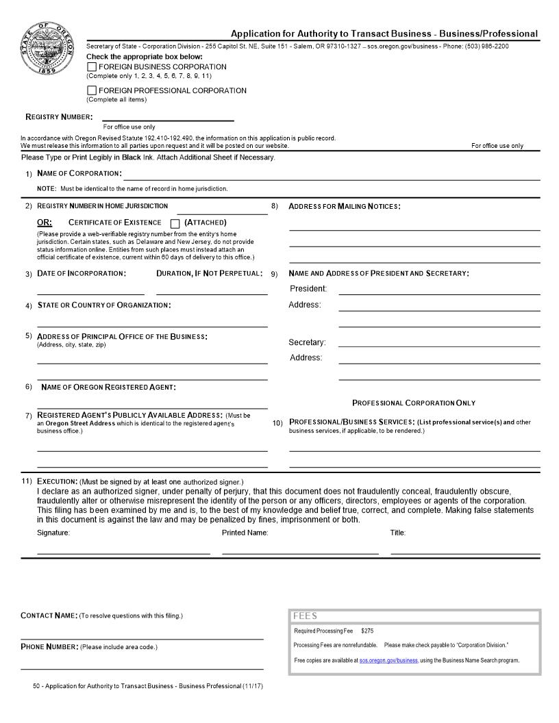 Application For Authority To Transact Business (Foreign Business Corp Or Foreign Professional Corp) {50} | Pdf Fpdf Docx | Oregon