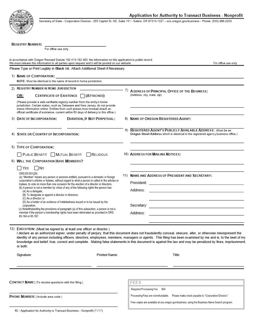 Application For Authority To Transact Business (Foreign Nonprofit Corp) {60} | Pdf Fpdf Doc Docx | Oregon