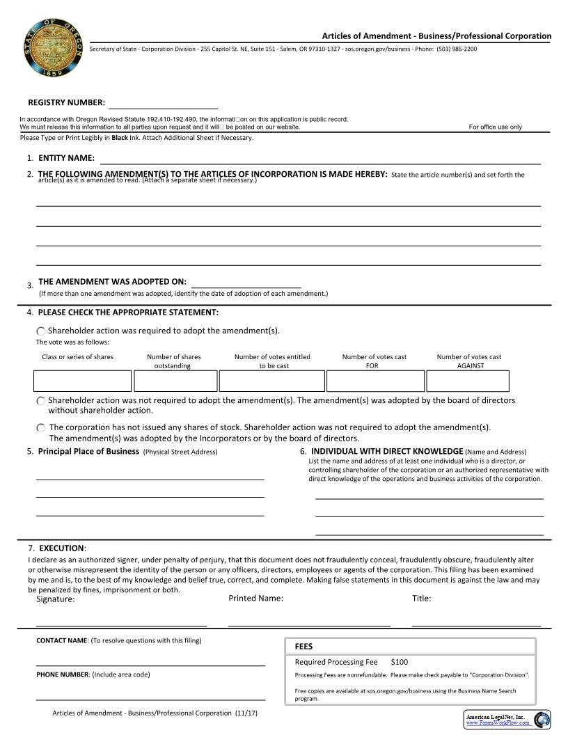 Articles Of Amendment (Business-Professional Corp) | Pdf Fpdf Docx | Oregon