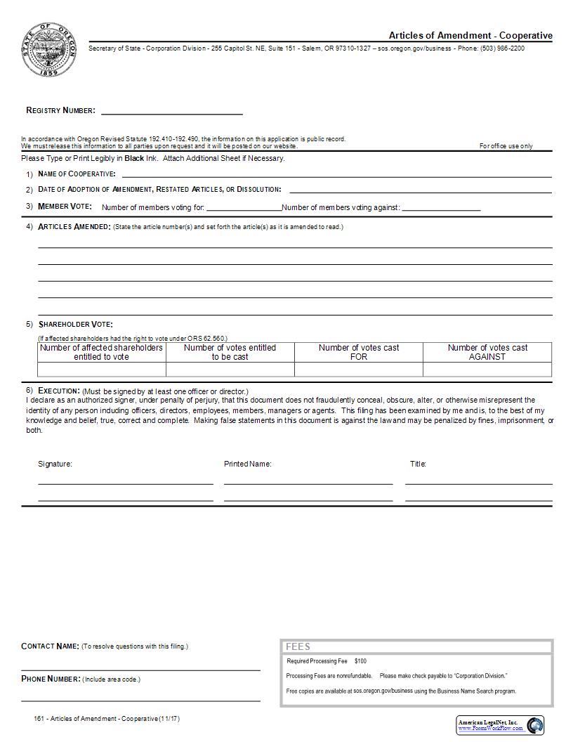 Articles Of Amendment (Cooperative Corp) {161} | Pdf Fpdf Docx | Oregon