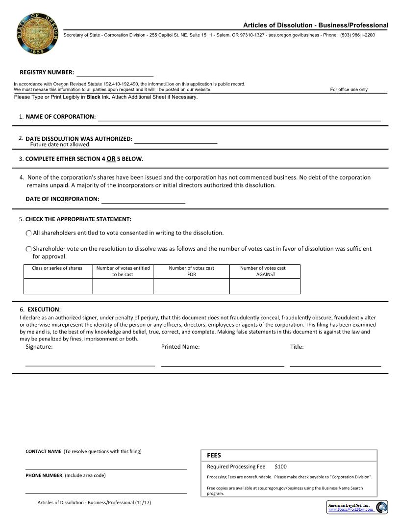 Articles Of Dissolution (Business -Professional) | Pdf Fpdf Docx | Oregon