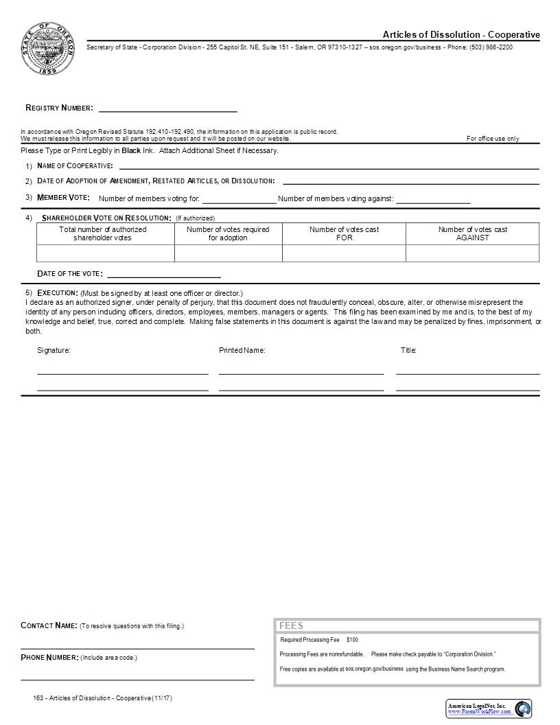 Articles Of Dissolution - (Cooperative) {163} | Pdf Fpdf Docx | Oregon