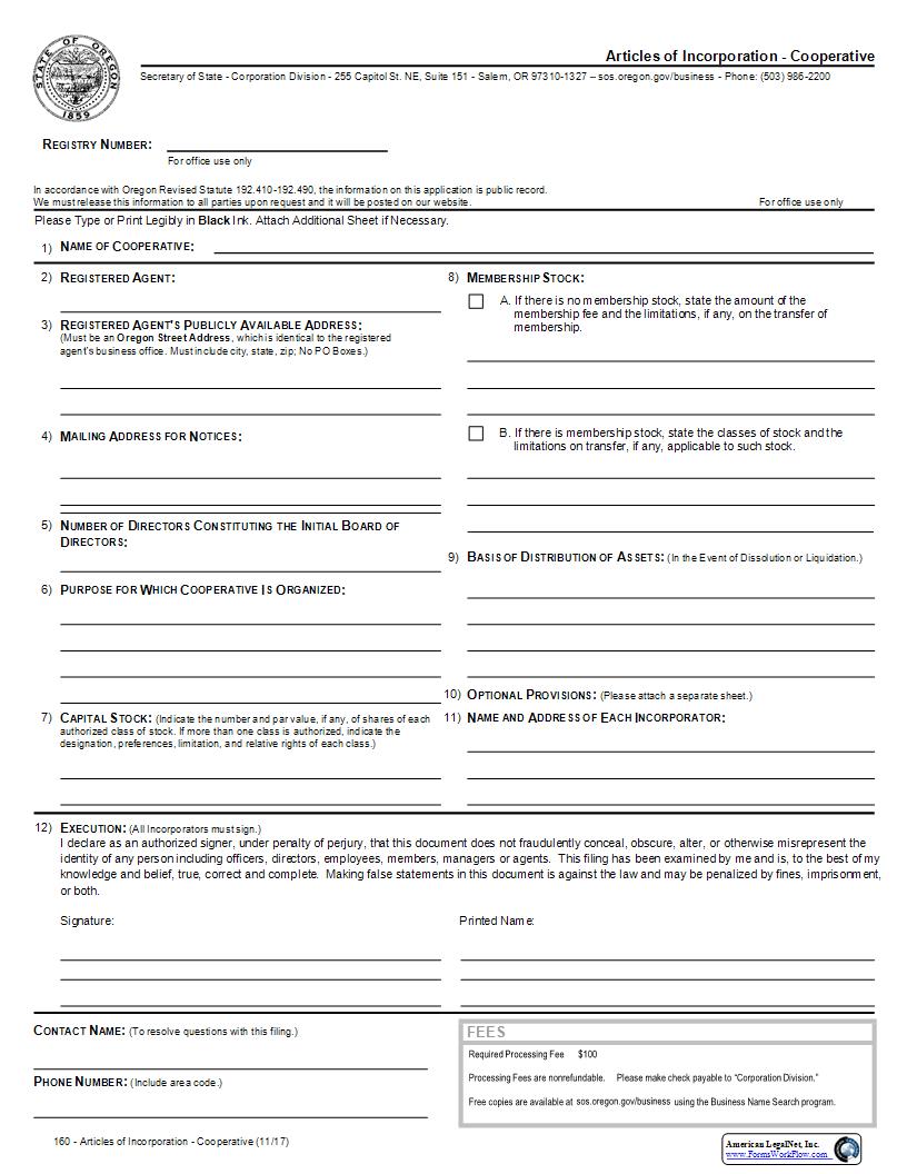 Articles Of Incorporation (Cooperative Corp) {160} | Pdf Fpdf Docx | Oregon