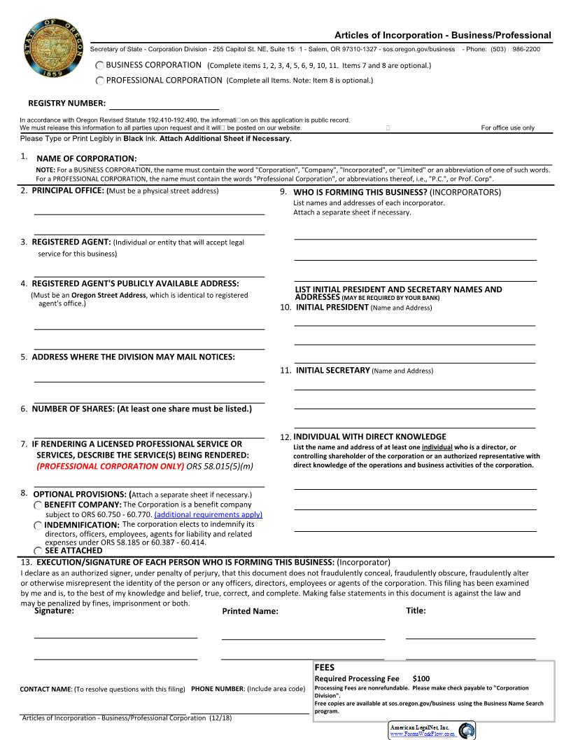 Articles Of Incorporation Business Or Professional Corp | Pdf Fpdf Docx | Oregon