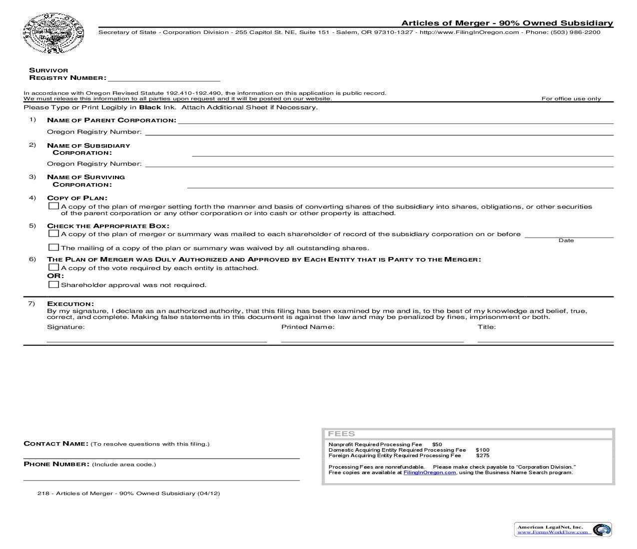 Articles Of Merger 90 Percent Owned Subsidiary {218} |  | Oregon