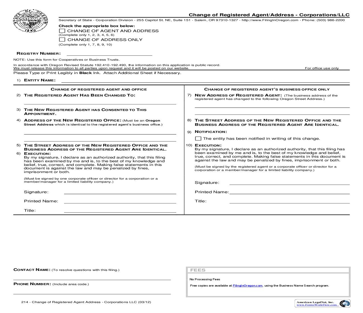 Change Of Registered Agent-Address Corp-LLC {214} |  | Oregon