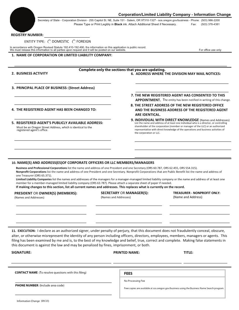 Information Change (Corp - LLC) | Pdf Fpdf Docx | Oregon