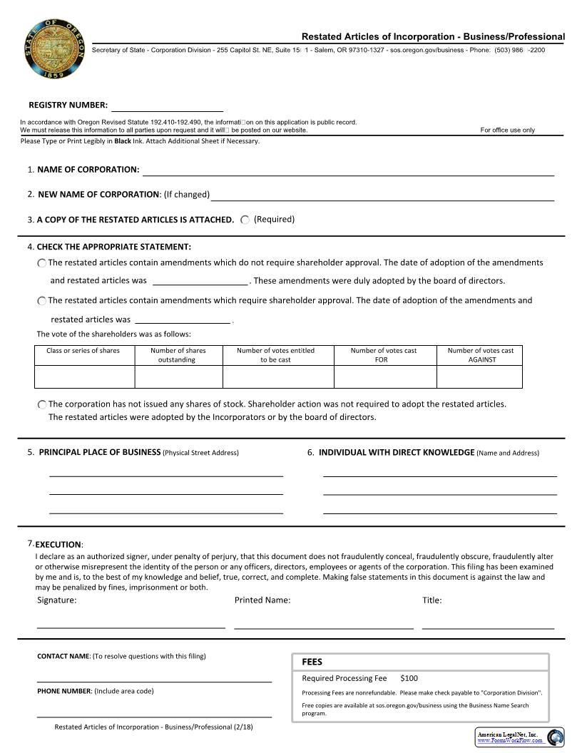 Restated Articles Of Incorporation (Business - Professional Corp) | Pdf Fpdf Docx | Oregon