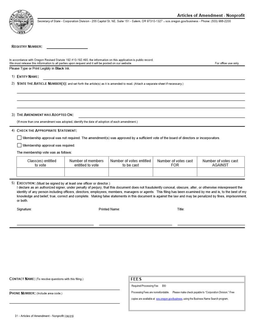 Articles Of Amendment {31} | Pdf Fpdf Docx | Oregon