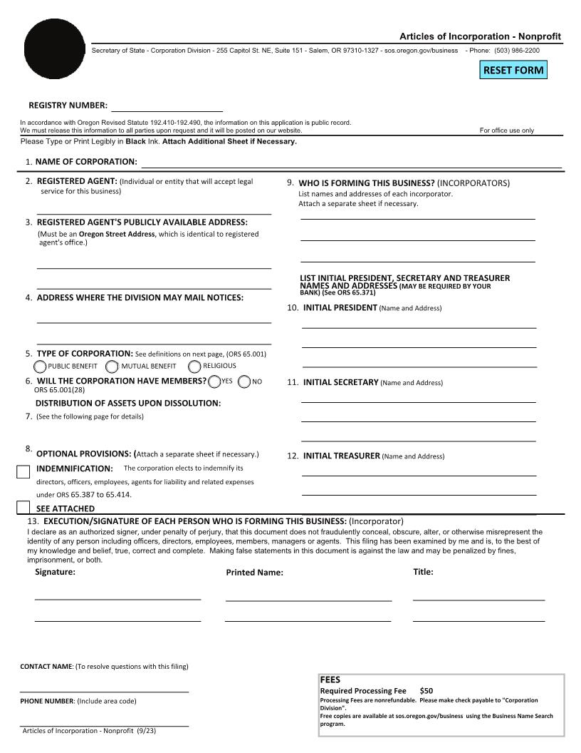 Articles Of Incorporation | Pdf Fpdf Docx | Oregon