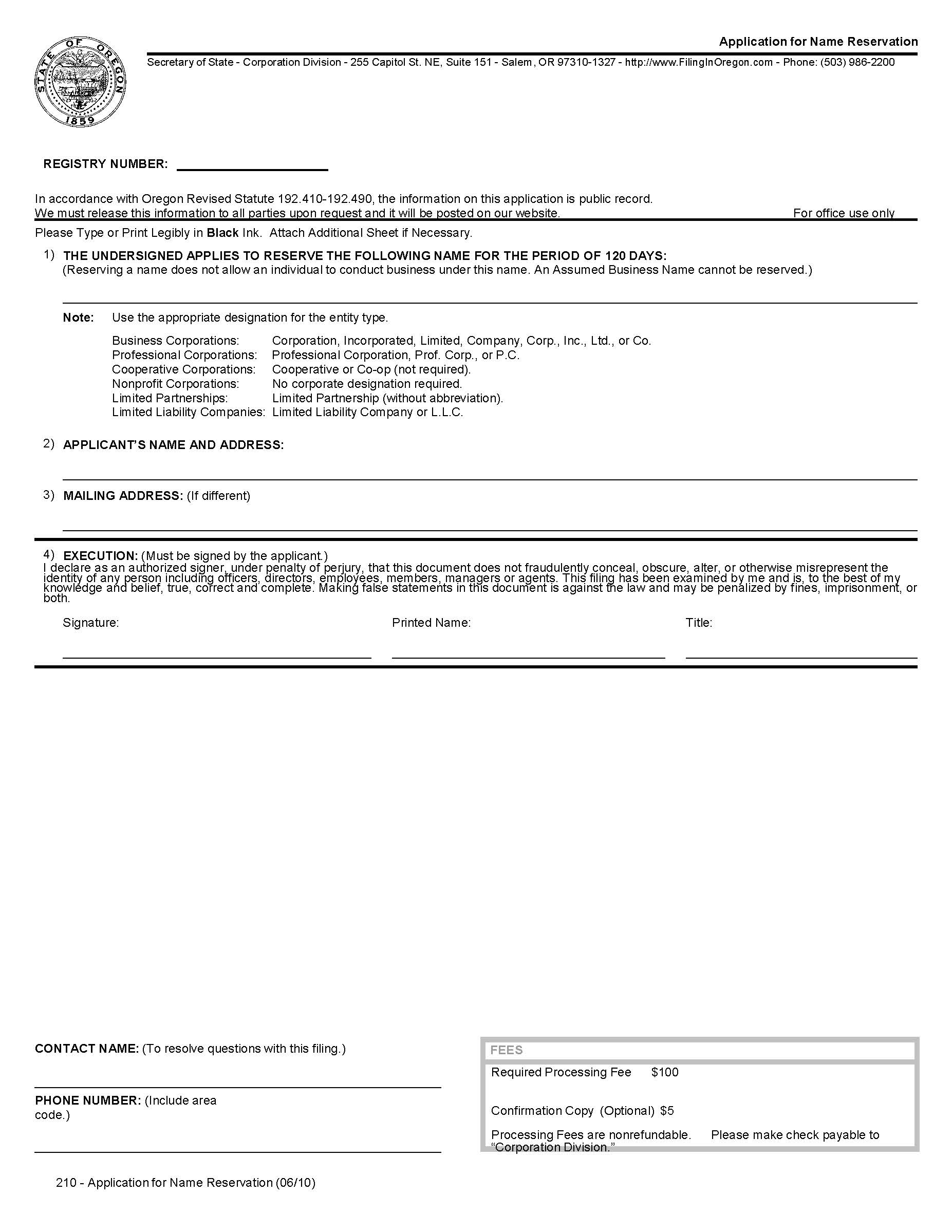 Application For Name Reservation {210} | Pdf Fpdf Doc Docx | Oregon