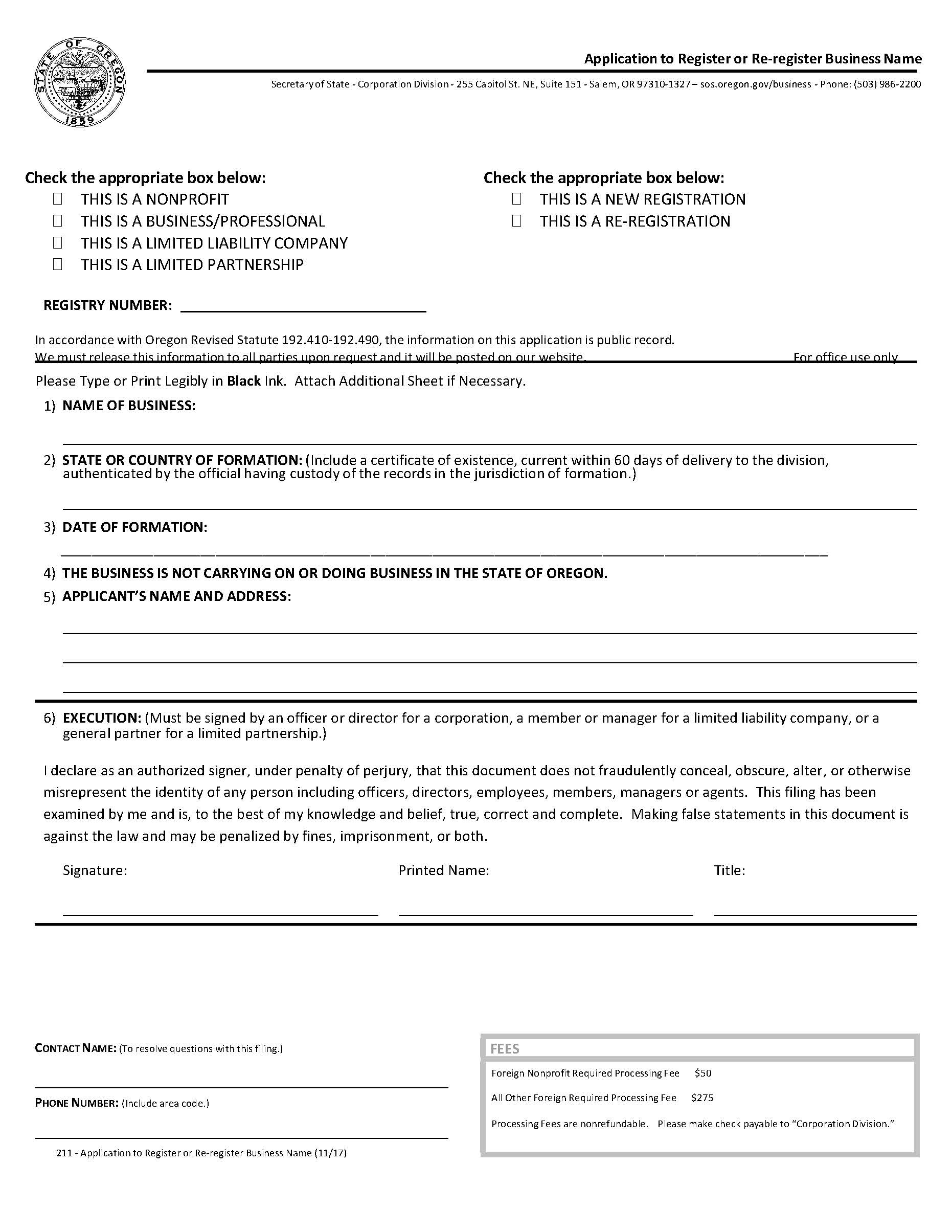 Application To Register Or Re Register Business Name {211} | Pdf Fpdf Doc Docx | Oregon