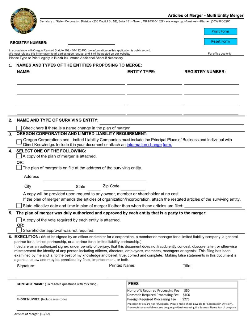 Articles Of Merger - Multi Entity | Pdf Fpdf Docx | Oregon