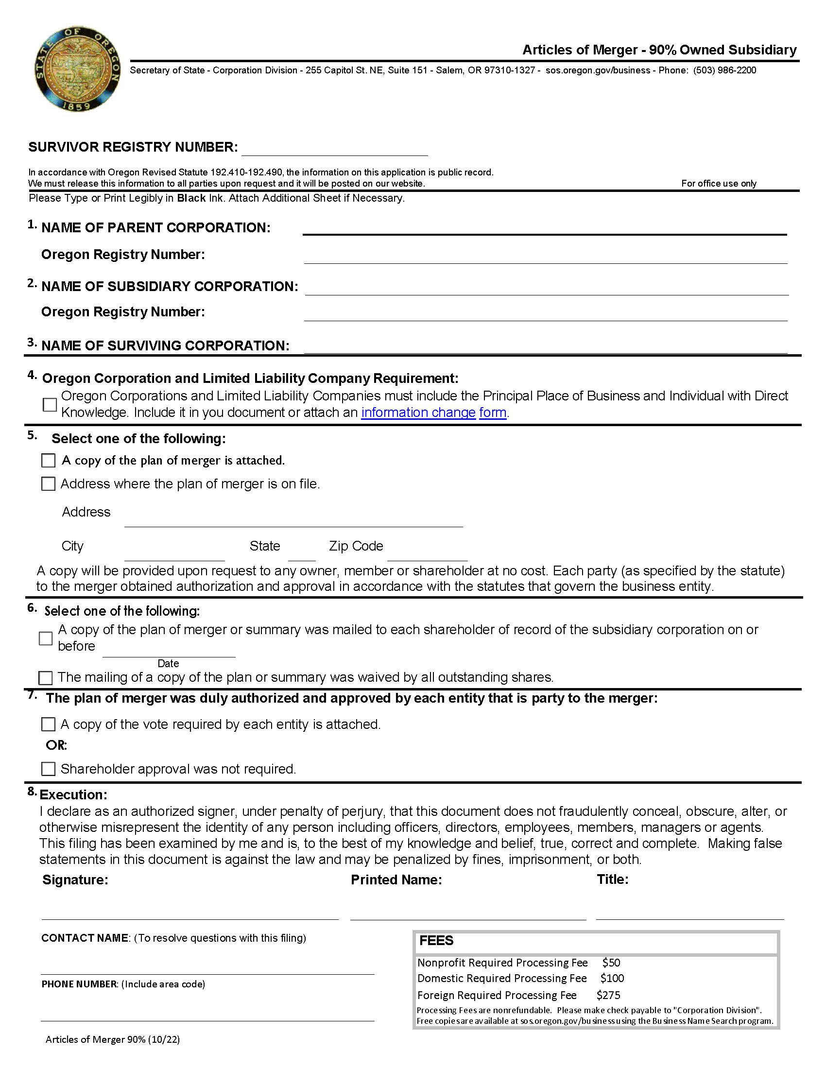 Articles Of Merger 90 Percent Owned Subsidiary | Pdf Fpdf Docx | Oregon