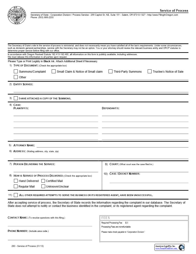 Service Of Process {280} | Pdf Fpdf Docx | Oregon