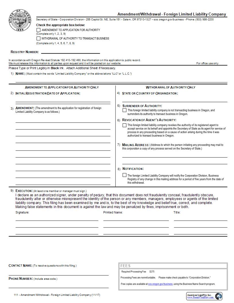 Amendment Withdrawl (Foreign LLC) {111} | Pdf Fpdf Docx | Oregon