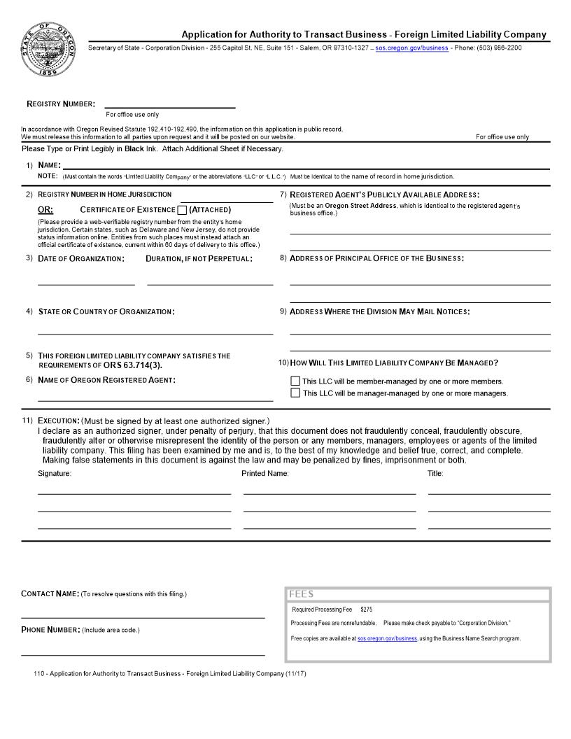 Application For Authority To Transact (Foreign LLC) {110} | Pdf Fpdf Docx | Oregon