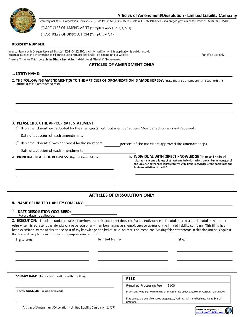 Articles Of Amendment-Dissolution (Domestic LLC) {101} | Pdf Fpdf Docx | Oregon