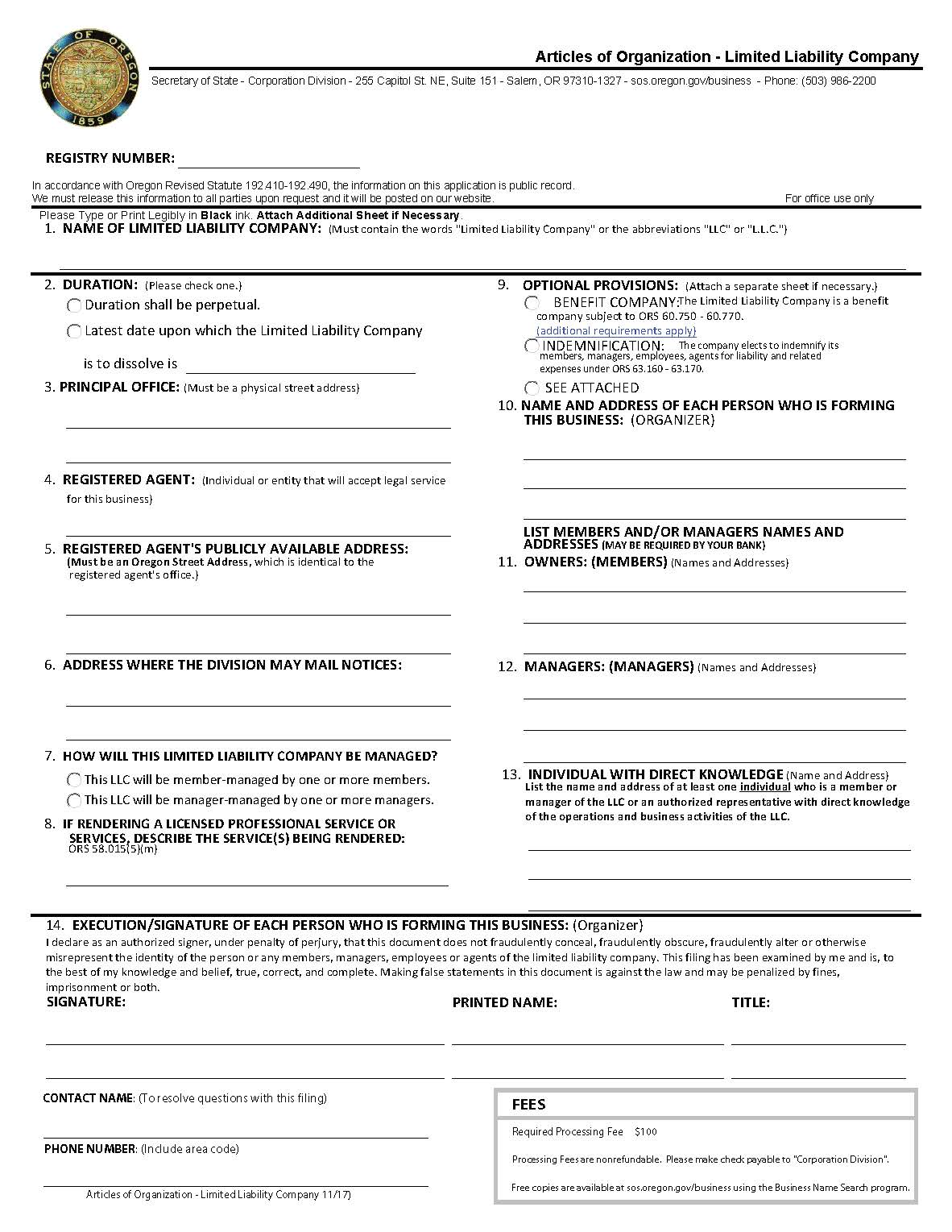 Articles Of Organization (Domestic LLC) {100} | Pdf Fpdf Docx | Oregon