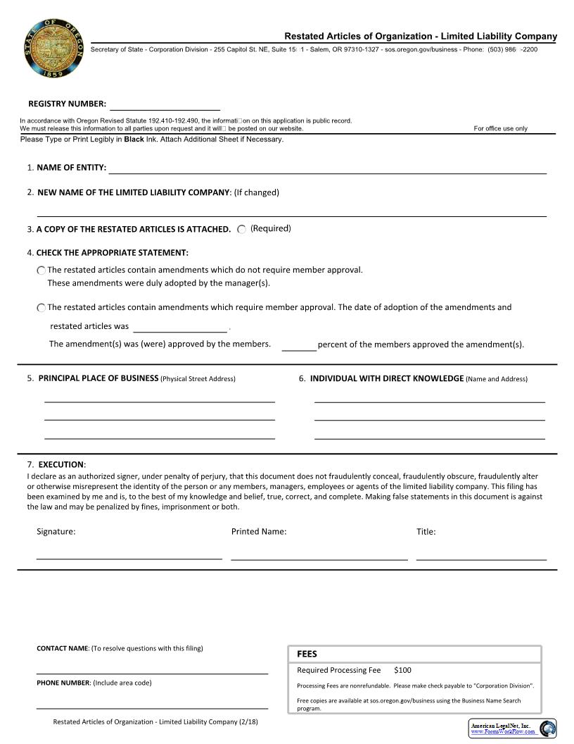 Restated Articles (Domestic LLC) {102} | Pdf Fpdf Docx | Oregon