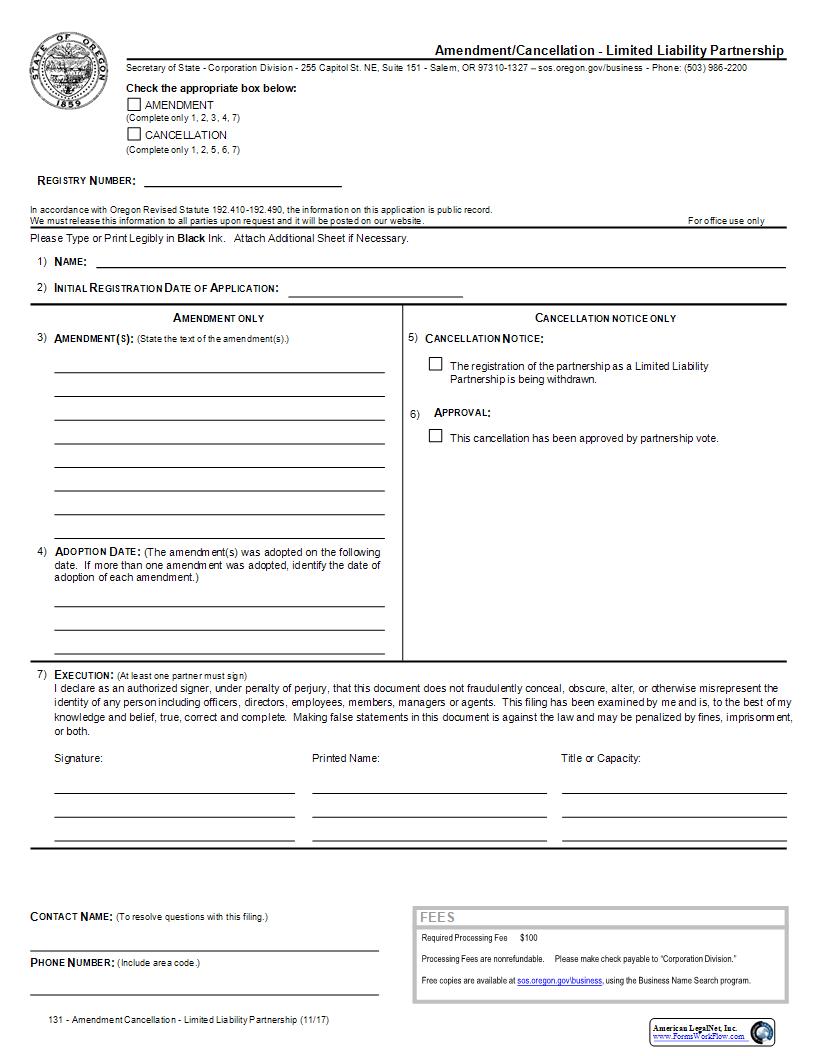 Amendment Or Cancellation (Domestic LLP) {131} | Pdf Fpdf Docx | Oregon