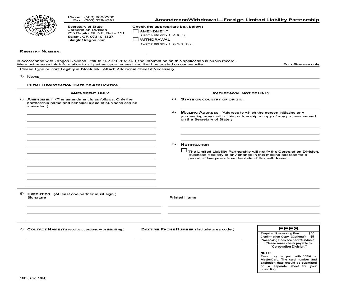 Amendment Or Withdrawal (Foreign LLP) {166} |  | Oregon