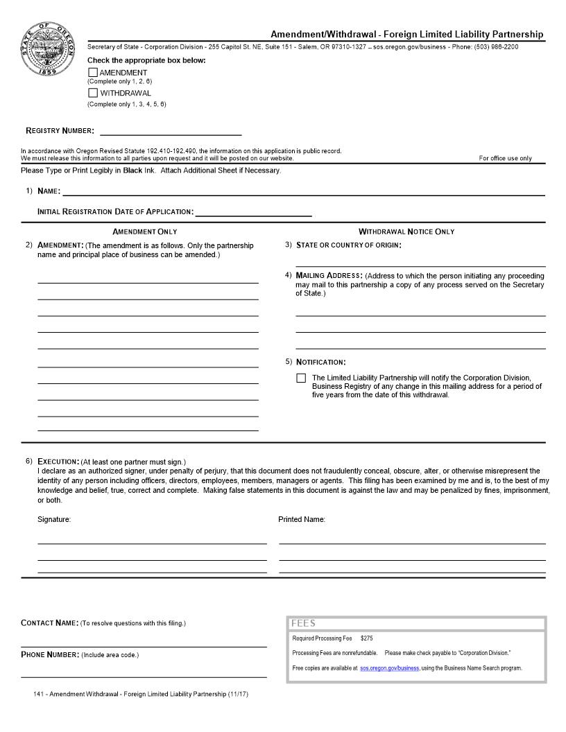 Amendment Or Withdrawl (Foreign LLP){141} | Pdf Fpdf Docx | Oregon
