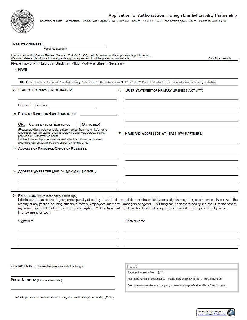 Application For Authorization (Foreign LLP){140} | Pdf Fpdf Docx | Oregon