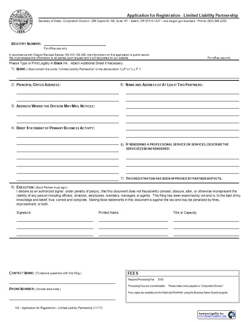 Application For Registration (Domestic LLP) {130} | Pdf Fpdf Docx | Oregon