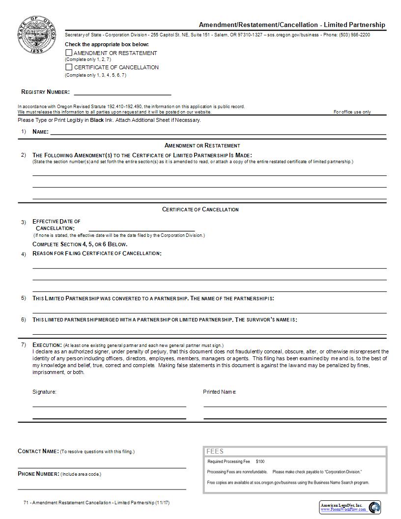 Amendment Or Restatement Or Certificate Of Cancellation (Domestic LP) {71} | Pdf Fpdf Docx | Oregon