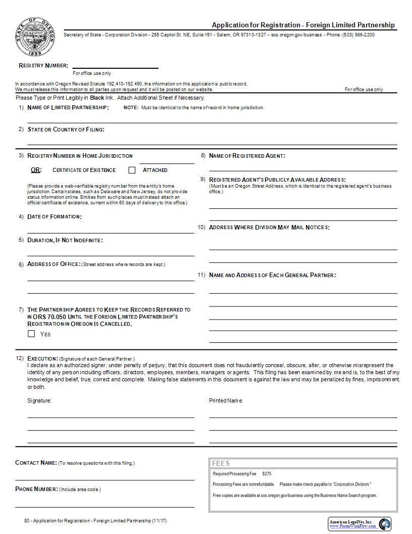 Application For Registration (Foreign LP) {80} | Pdf Fpdf Docx | Oregon