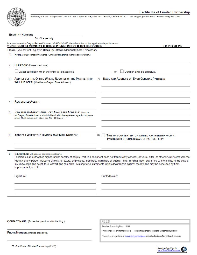 Certificate Of Limited Partnership (Domestic LP) {70} | Pdf Fpdf Docx | Oregon