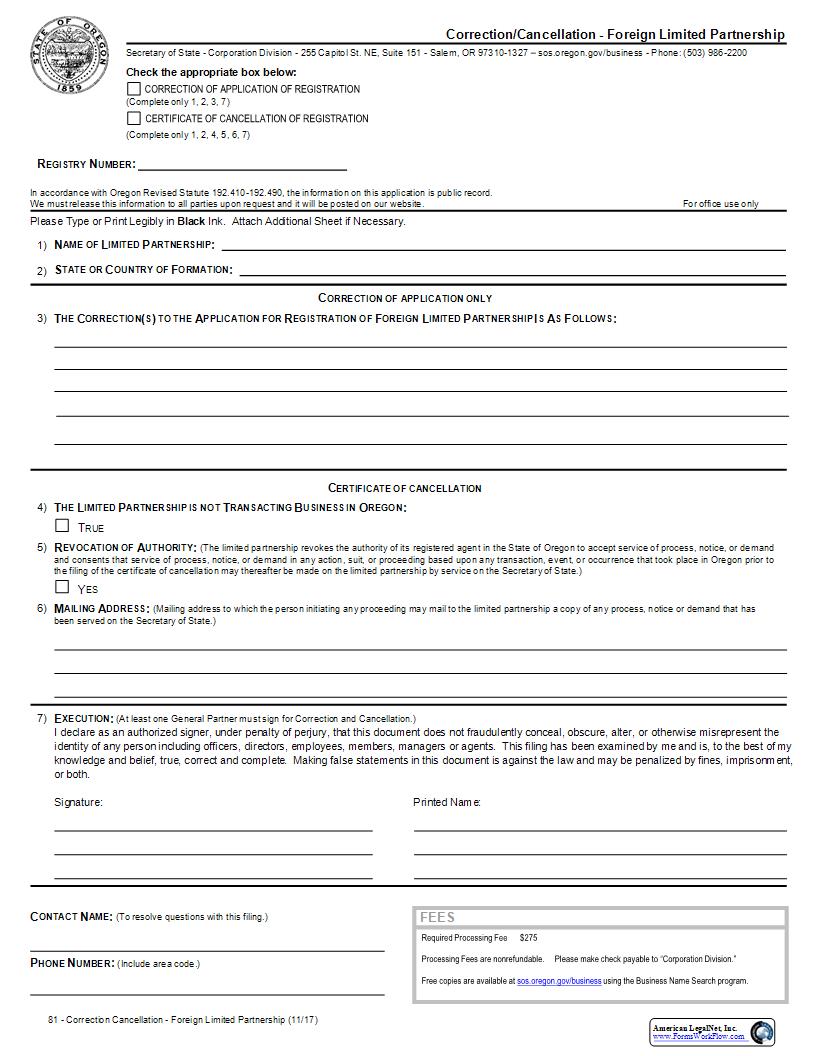 Correction Cancellation (Foreign LP) {81} | Pdf Fpdf Docx | Oregon